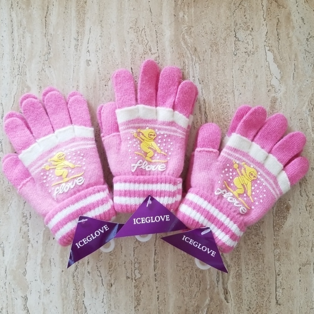 Set of 3 New Pink White Double Layered 2 in 1 Wool Blend Cozy Warm Gloves